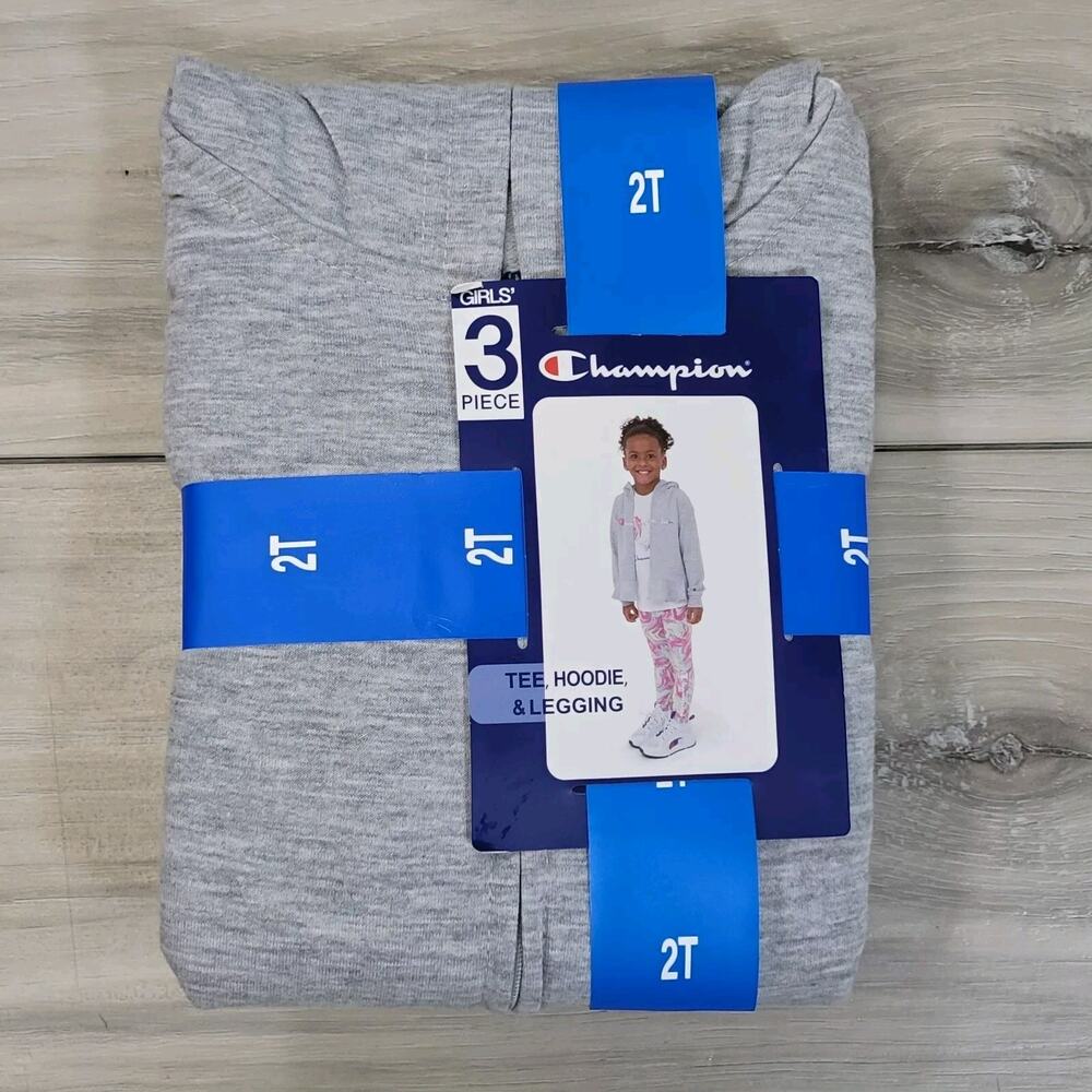 Champion 3 Piece Set Girls 2T Short Sleeve Tee, Zip Hoodie & Leggings Set New